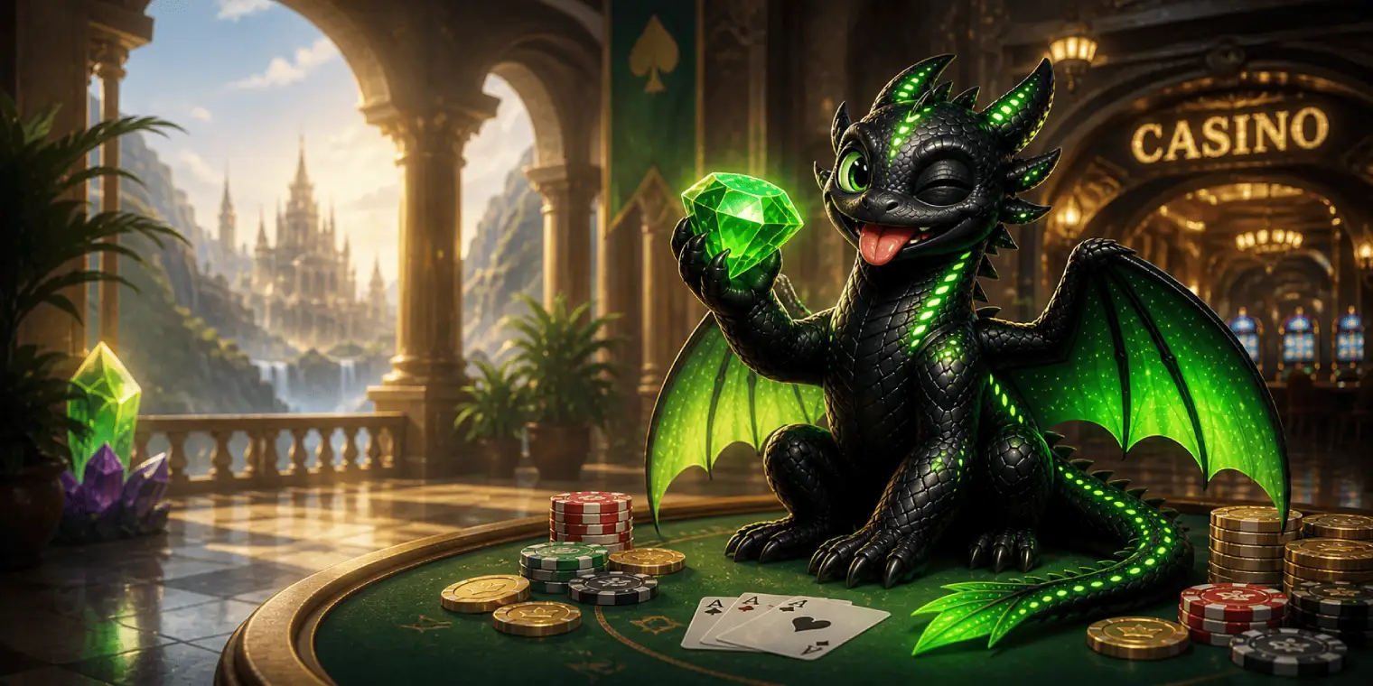 Schwarzer Drache mit goldenen Flammen und glühenden Augen – Drakaris Online Casino Hauptbanner