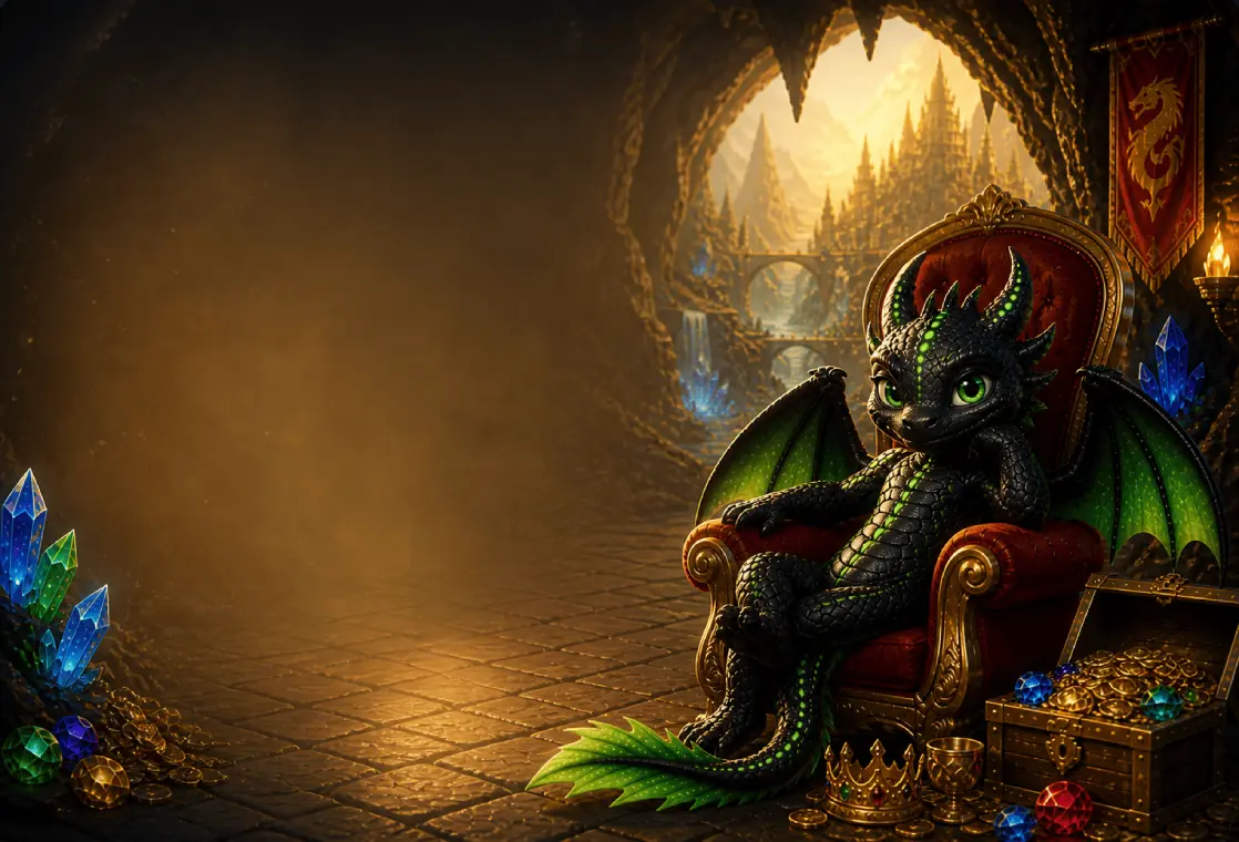 Schwarzer Drache mit goldenen Akzenten und Goldmünzen – Drakaris Willkommensbonus Banner